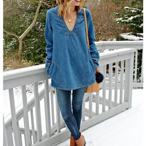 Free People Boho Denim Mini Dress / Tunic Top with 70s bell-sleeves